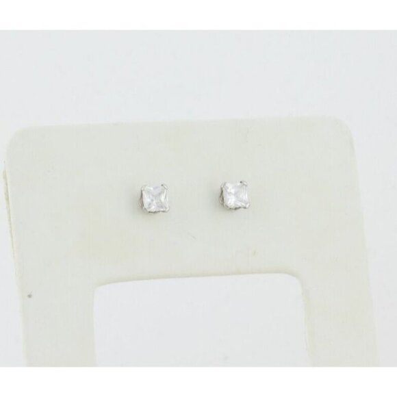 14k White Gold Cubic Zirconia Stud Earrings Princess Cut - Picture 1 of 8